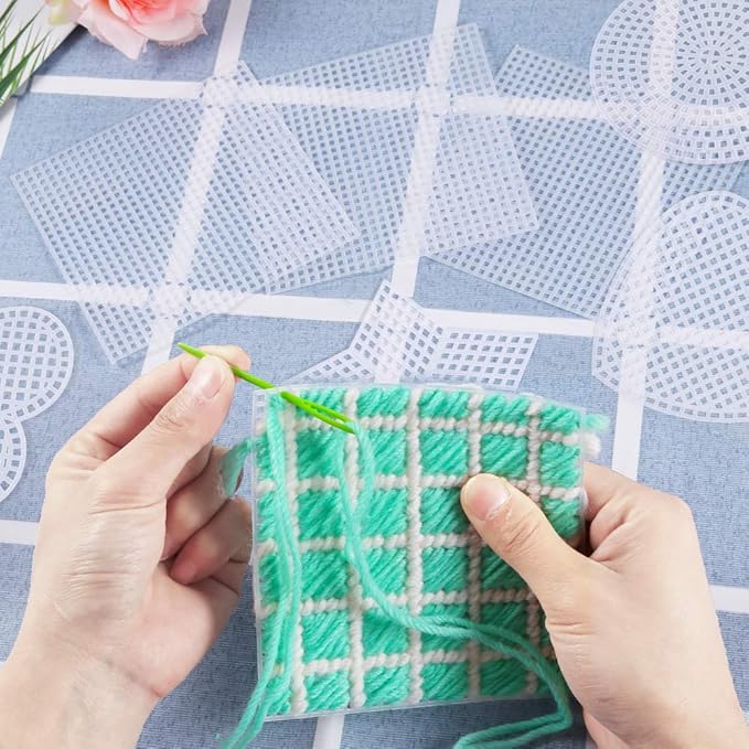 Pllieay 60-Piece Mesh Plastic Canvas Kit - 6 Shapes, 3-Inch Clear Canvas, 12 Colors Acrylic Yarn and Tools for Embroidery, Knit and Crochet Projects