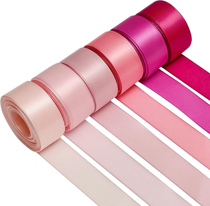 1 Inch Pink Satin Ribbons for Crafts, 6 Rolls Single-Faced Pink Assorted Ribbons for Gift Wrapping Flower Bouquet Wedding Invitations Bridal Shower Hair Bows Garland Party Decor