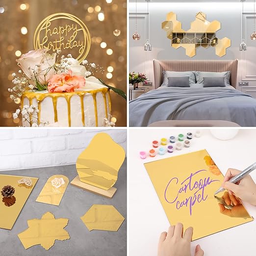 Enoin 2pcs 8 x 12 Inch Gold Acrylic Sheet - Cut to Size Plexiglass Sheets 1/8 inch Thick, Small Wall Mirrors for Wall Decor DIY Craft Acrylic Sign