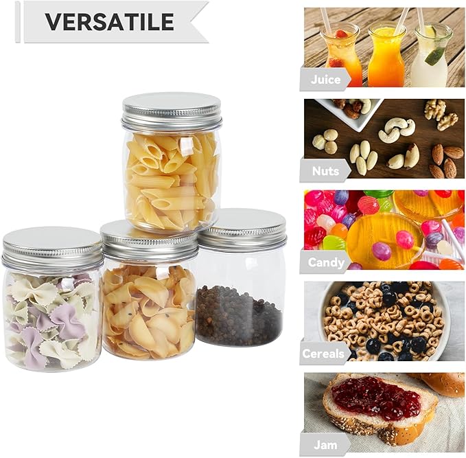 novelinks 8 oz Clear Plastic Jars with Screw-On Lids - BPA-Free Refillable Storage Containers for Slime, Spices, Crafts, Kitchen & Home Organization (24 Pack,Silver)