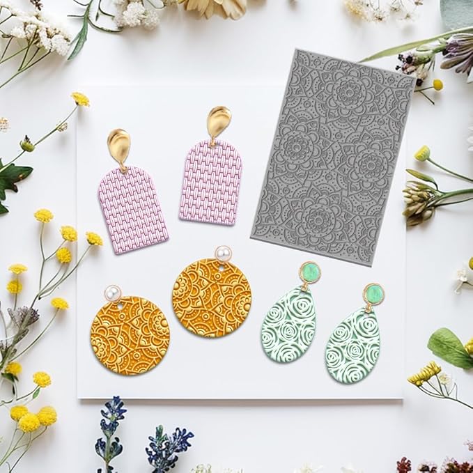 4PCS Polymer Clay Texture Sheets Set for Using with Clay Cutters, Boho Clay Texture Mats, Pottery Jewelry Making Kit DIY Creative Crafts Tools