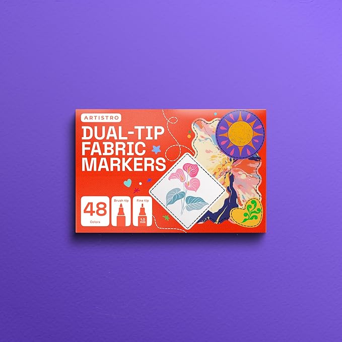 ARTISTRO 48 Dual-Tip Fabric Markers - Fabric Decorating Kit - Permanent for Clothes - No Bleed Pens for T-Shirts, Bags, Textile, Canvas, and More (Brush Tip and Fine Tip)