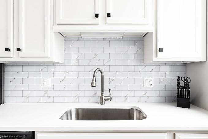 100 Pieces Peel and Stick Backsplash for Kitchen, 3" x 6" PVC Subway Tile 2025 Upgraded Glossy White Marble with White Grout Backsplash Stick on Tile Elevate Kitchen Fireplace RV
