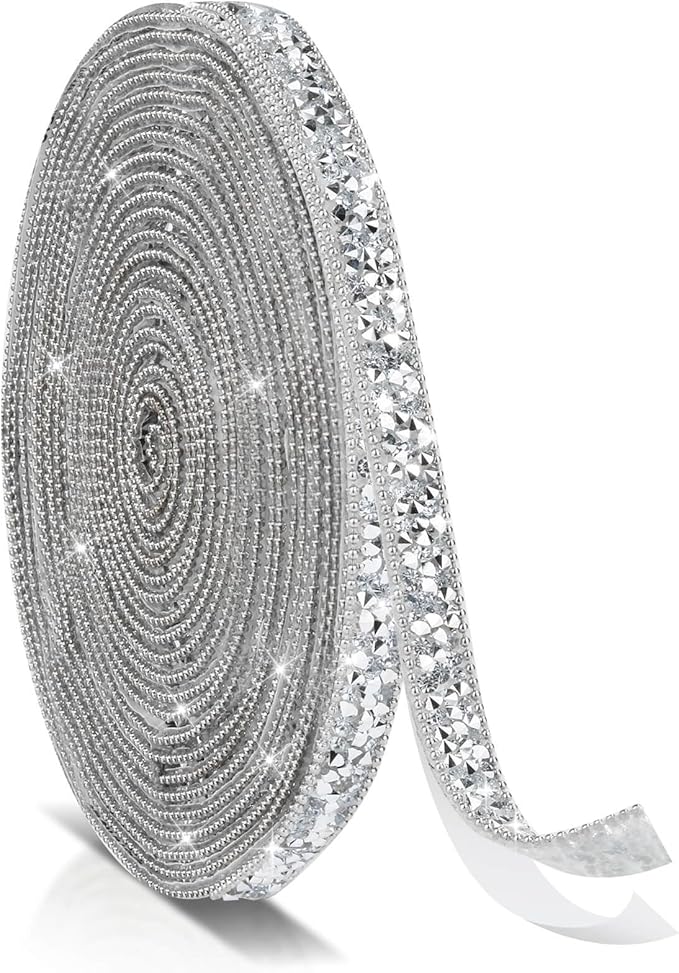 5 Yards Self Adhesive Rhinestone Ribbons, Sliver Rhinestone Strips, Diamond Crystal Rhinestone Ribbon Roll Stickers Glitter Bling Ribbons Rhinestones for Crafts Fabric Car Shoes Décor