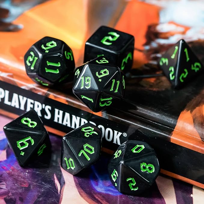 7-Die DND Dice Set Polyhedral Dice Set with a Leather Dice Bag, D&D Dice Set for Dungeons and Dragons, RPG Table Games (Black)