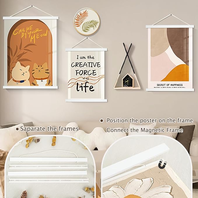 Artmag Magnetic Poster Hanger Frame, 34x22 34x23 34x48 Light Wood Wooden Magnet Canvas Artwork Print Poster Hangers Frames Hanging Kit (White, 34")