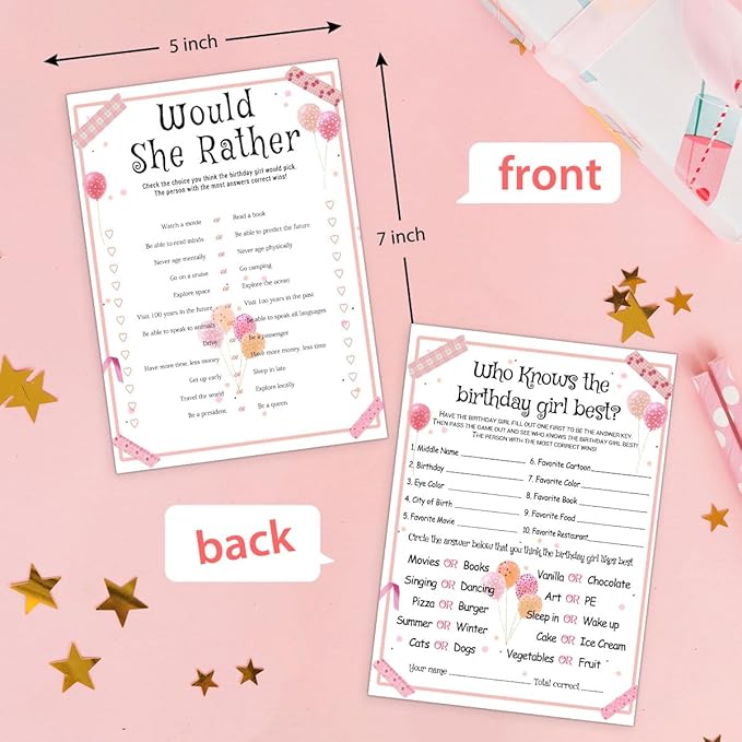 Birthday Party Games Set for Girls, Funny Girls Party Game, Girl Birthday‘s Supplies, Activity, Decorations, Includes Who Knows the Birthday Girl Best, Scattergories, 20 Double Sided Games Cards