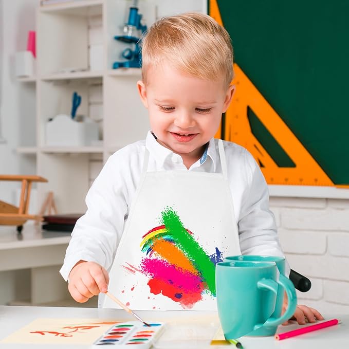 24 Pieces White Kids Painting Aprons Kids Art Aprons with 2 Roomy Pockets Kids Aprons for Art Painting Activity Kitchen Crafts