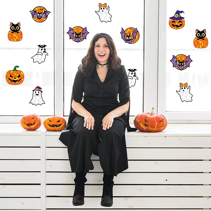 Renbuzhu 40PCS Halloweens Crafts Bulk: Ghosts Pumpkins Paper Suncatchers DIY Kit Party Activities Decorations, Window Stained Glass Effect Art Supplies
