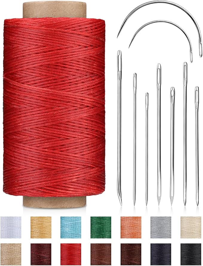 DIUDUS 218 Yards Upholstery Thread Heavy Duty, Waxed Leather Thread Sewing Kit with Heavy Duty Needles, Thread for Hand Sewing Leather Craft Repair Leather Shoes Bags Sofa (Red)