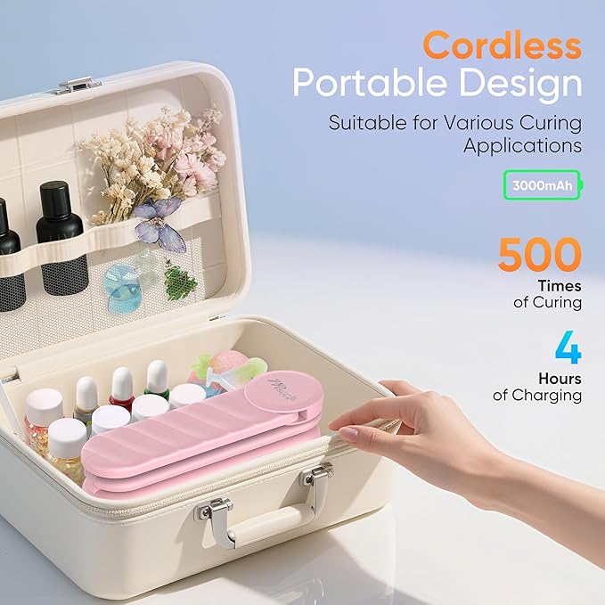 PPESULK UV Light for Resin Curing, 3000mAh Rechargeable Fast UV Resin Lamp with Timer and 34 Beads, Cordless Portable Resin Curing Machine for Resin Molds, Jewelry Making & DIY Crafts(Pink)