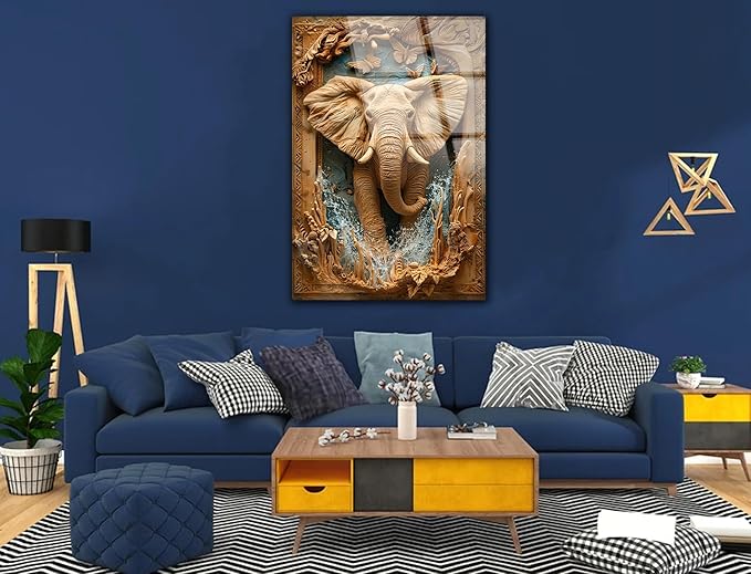 SpiritualHands Rustic Elephant Printed Tempered Glass Wall Art Painting for Living Room, Tempered Glass Modern Prints Decor, Large Vivid Color Panel for Bedroom, Kitchen, or Office