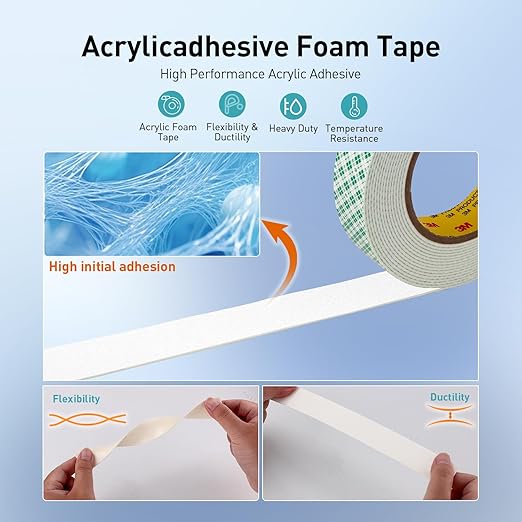 Double Sided Tape Foam Tape 1" x 18Ft Made of 3M High Shear Adhesive Mounting Tape with High Temperature Resistance for Interior Exterior Mounting Applications and Home Office Deco (Pack of 2)