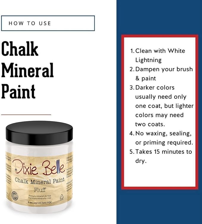 Dixie Belle Paint Company Chalk Finish Furniture Paint - Fluff (8oz) - Matte Soft White Chic Chalk Mineral DIY Furniture Paint