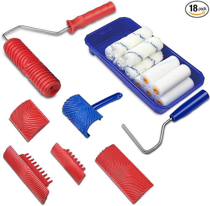 18PCS Wood Grain Tool, Wood Graining Tool Set with Extra 12pcs 4inch Paint Roller Kit with Tray，Rubber Wood Grain Roller Tool for Painting Look Like Wood,Natural Wood Grain Maker,DIY Room Art