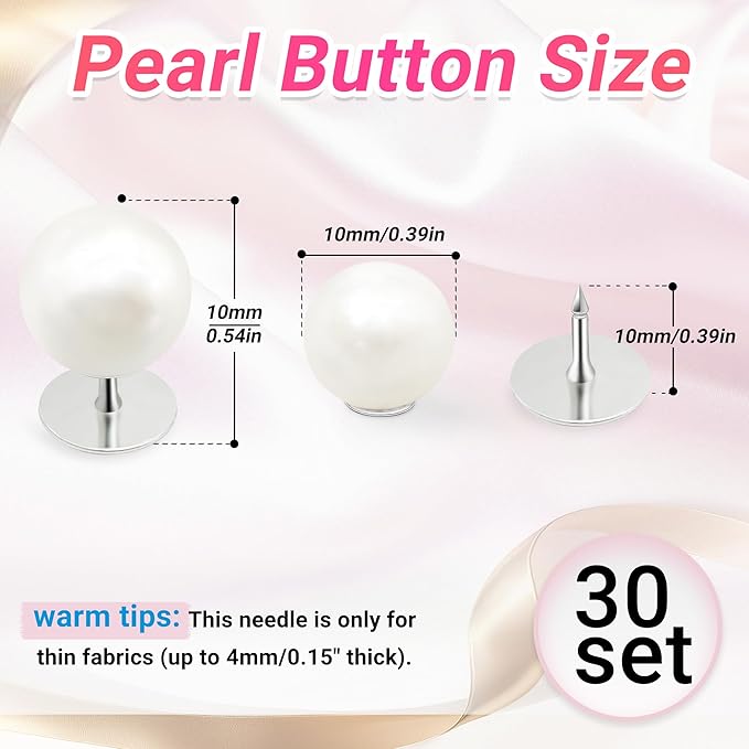 30 Sets Pearl Buttons No Sew Buttons for Clothes, 10mm Pearl Brooch Pins Reusable for Women, White Safety Pins for Dresses, Shirts, DIY Crafts, Fashion Decorative Accessories