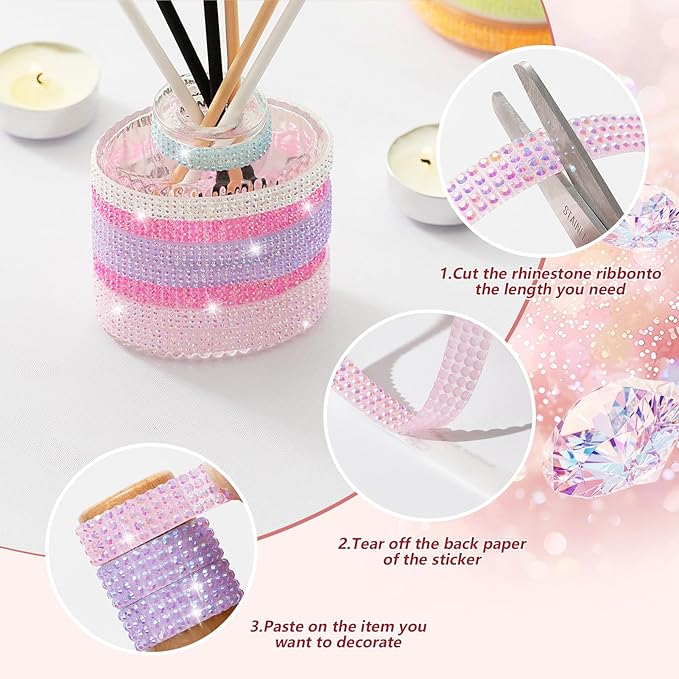 Rhinestone Ribbon Self Adhesive Crystal Rhinestones, 12-Rolls Bedazzling Strips, 12-Yard Rhinestone Strips for DIY Craft, Rhinestones for Crafting