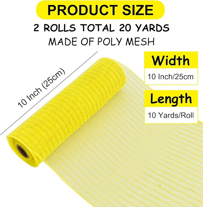 TONIFUL 2 Rolls 10 Inch Yellow Decorative Mesh Ribbbon Rolls, Fabric Mesh with Foil for Wreath Supplies, Front Door Wreath Crafts Tree Decor Christmas NewYears Halloween Decoration (10 yds/roll)