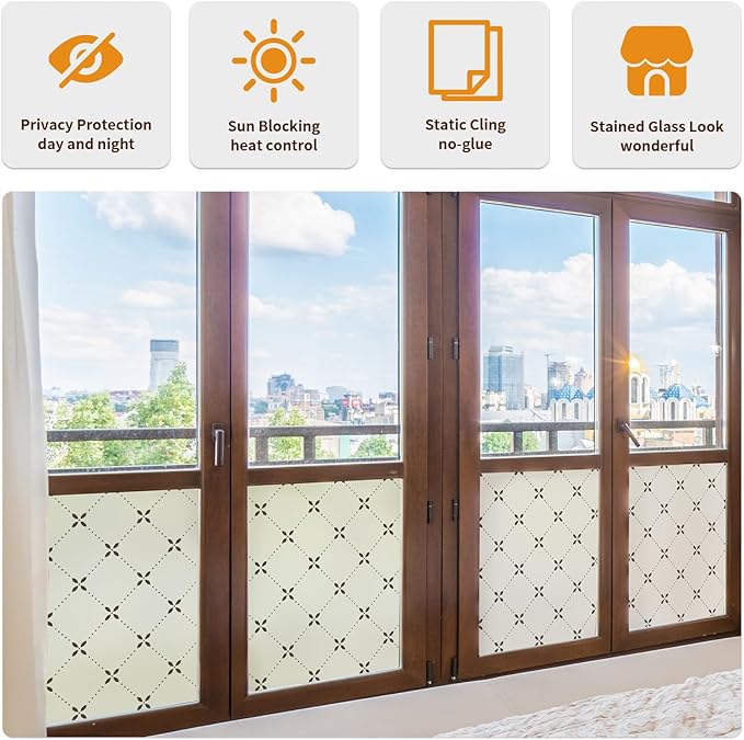 DKTIE Geometric Art Stained Glass Window Film Bathroom Window Privacy Film Frosted Glass Static Clings Non Adhesive with Installation Tools, Modern Home Improvement Style (S119, 17.7'' x 78.7'')