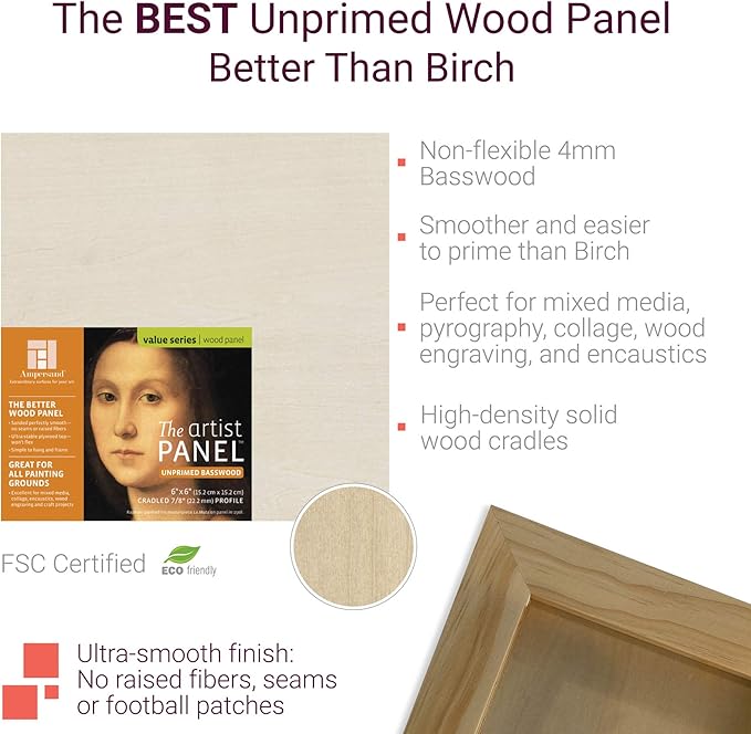 Ampersand Art Supply Unprimed Basswood Artist Panel, 7/8" Cradled Profile 4"x6"