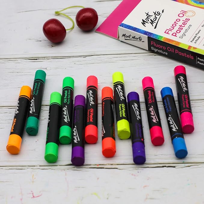 Mont Marte Fluoro Oil Pastels Signature 12pc, 12 Assorted Colors, Vibrant Oil Pastel Set, Great Blending and Layering, Ideal for Art, Craft, Coloring and Sketching