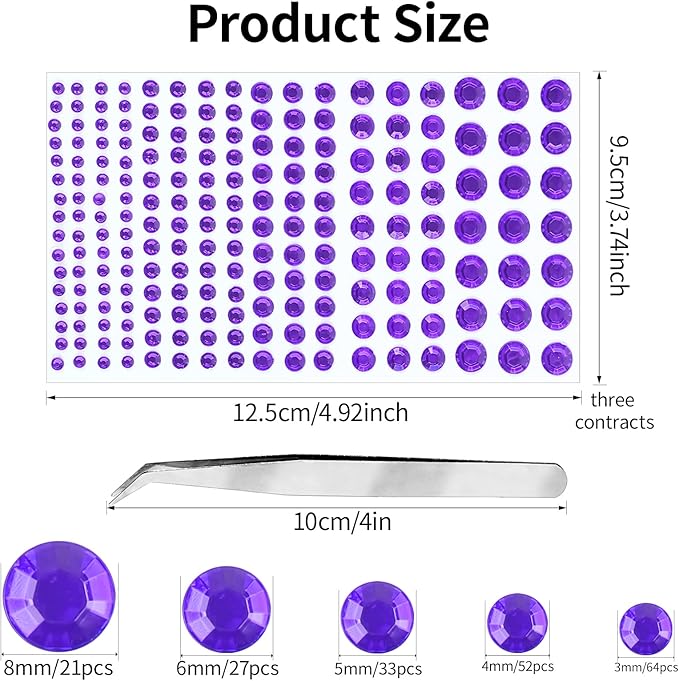 Self Adhesive Face Gems and Pearls for Makeup, Festival Jewels, Hair Gems Pearls, 3/4/5/6/8 mm Round Rhinestone Stickers for Face, Eye, Makeup, Body, Crafts 591Pcs (16_Dark Purple)