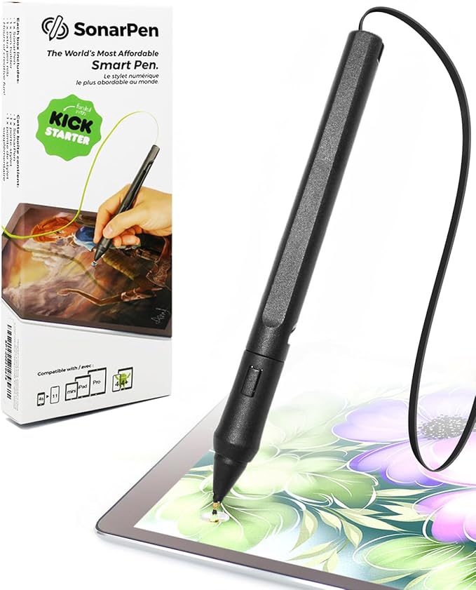 SonarPen - Pressure Sensitive Smart Stylus Pen with Palm Rejection and Shortcut Button. Battery-Less. Compatible with Apple iPad/iPhone/Android/Switch (Black)