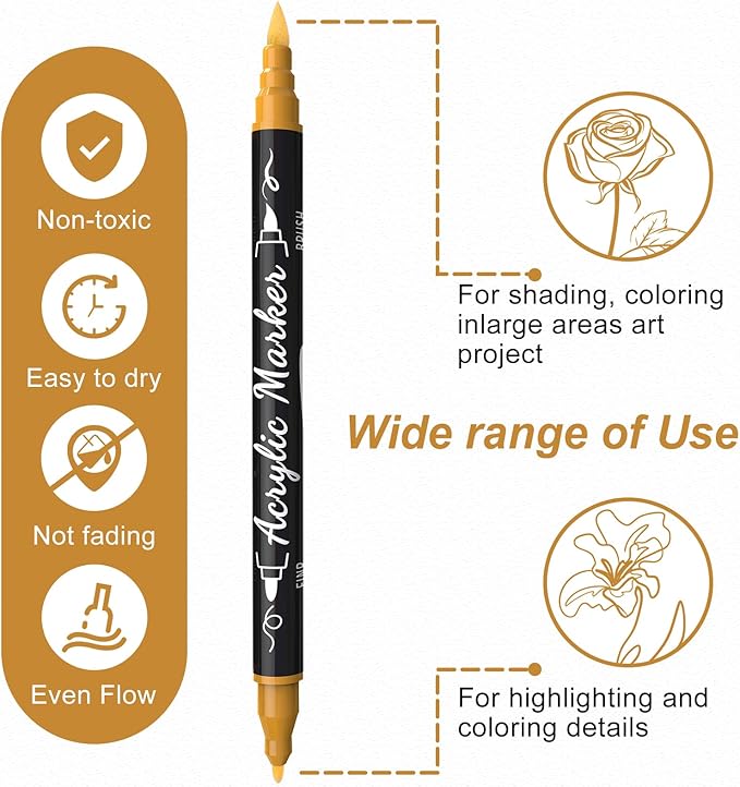 TOSAHRE Acrylic Paint Pens Markers 100 Colors Waterproof Dual Tip Acrylic Markers Set with Brush & Fine Tip Coloring Pens for Rock Painting Wood Scrapbook Fabric Glass Ceramic DIY Craft Art Supplies