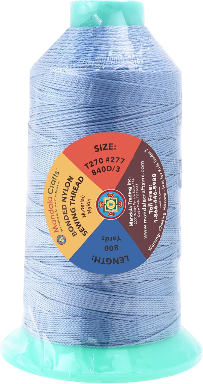 Mandala Crafts Bonded Nylon Thread Light Blue Heavy Duty Sewing Threads - 800 YDs Size 277 840D T270 Tex 270 Thread for Leather Jeans Weaving Outdoor Marine Upholstery Threads