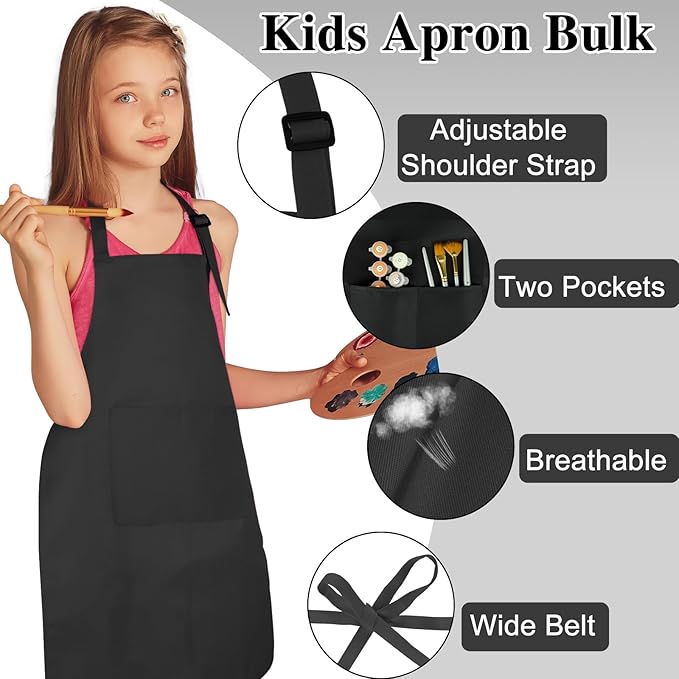 12 Pack Kids Apron Bulk with 2 Pockets Adjustable Chef Art Apron Kids Painting Aprons for Cooking Baking Painting Crafting Grilling Activity（Black）