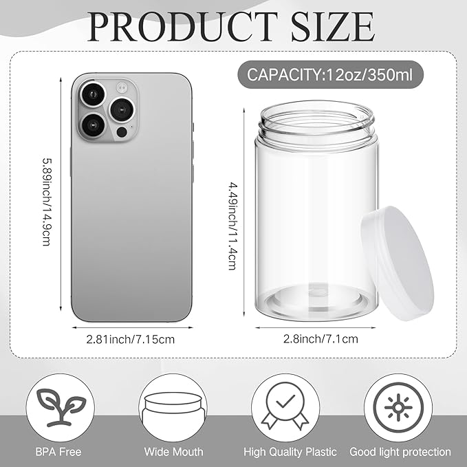 SATINIOR 24 Pieces Empty Clear Plastic Jars with Lids Round Storage Containers Wide Mouth for Beauty Product Cosmetic Cream Lotion Liquid Butter Craft and Food(Clear Lid,12 oz)
