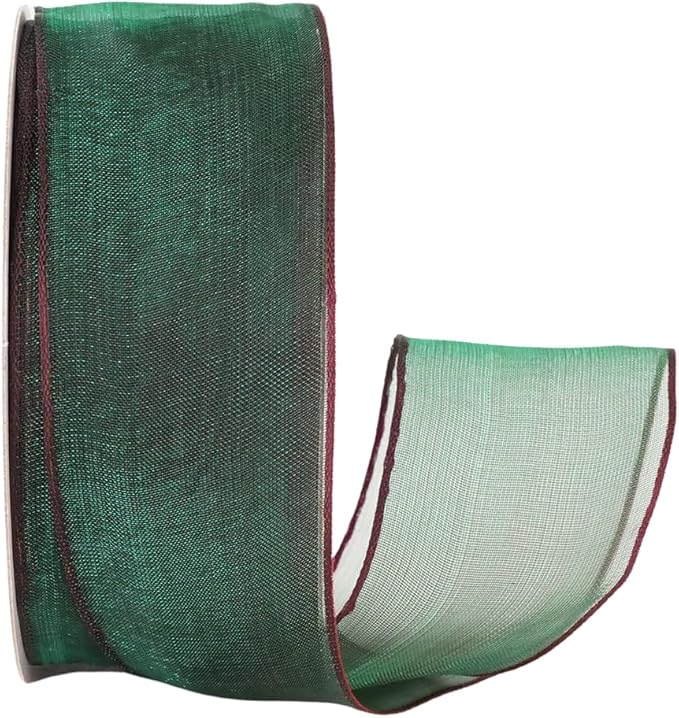 Ribbon Bazaar Sheer Organza Wired Ribbon - 100% Polyester Wire Edged Ribbon for Floral Decor, Table Arrangements, Apparel Embellishment & More - 1-1/2" Hunter (with Burgundy Edge) 25yd