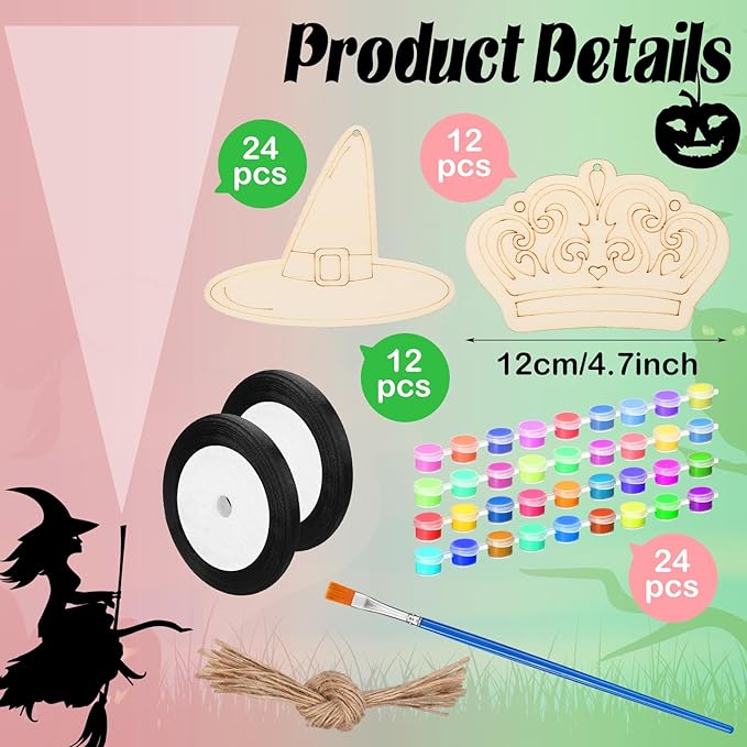 24 Set Paint Your Own Witch Princess Party Favors Pink and Green Party Supplies Witch Hats Princess Crowns DIY Wood Painting Craft Kit Color Your Own Arts Crafts Kit for Birthday Gift