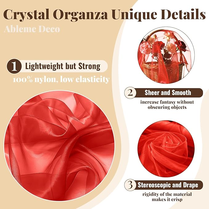 Sheer Fabric 60" x 1 Yards (3 ft) Organza Fabric by The Yard for DIY Wedding Decorations Craft Projects Party Backdrops Bows (Red)