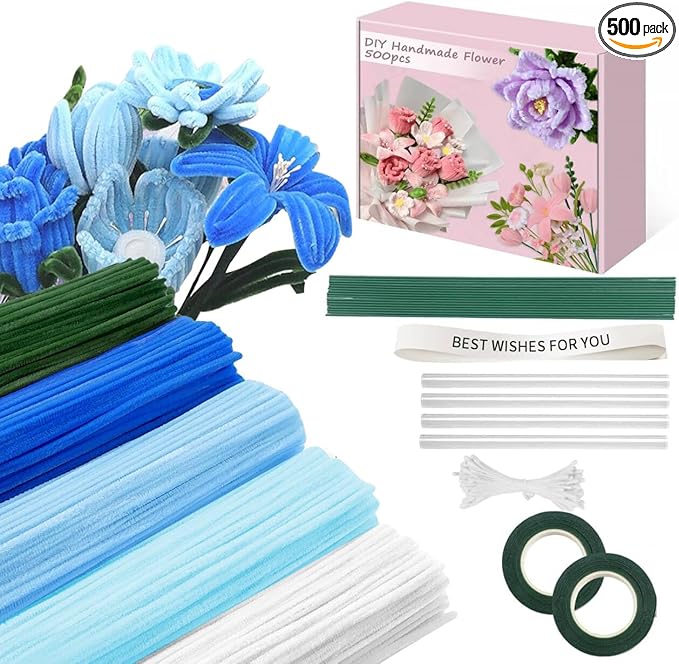 500 Pcs Pipe Cleaners Craft，5 Colors Pipe Cleaners Bulk,Chenille Stems Flowers Craft kit for DIY Handmade Bouquet Wrapping Party Decorations whit Ribbons，Stems,Tape，Stamens, Glue Sticks (Blue)