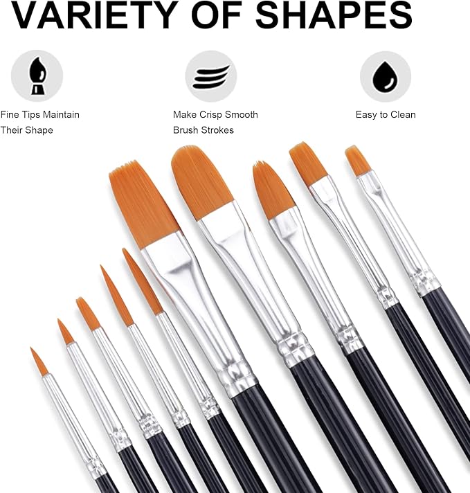 GOTIDEAL Paint Brush Set, 10 Pcs Round Pointed Tip, Small Nylon Hair Brushes for Acrylic, Oil and Gouache，Body, Face Nail Art and Rock Painting, Perfect for Kids & Adult