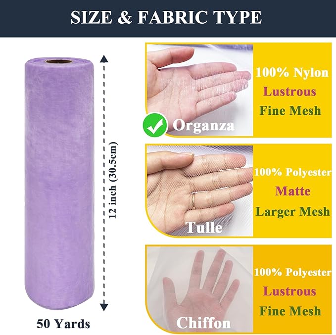 Organza Tulle Fabric Rolls, Crystal Organza 12" by 50 Yards (150 ft) Sheer Nylon Silky Shiny Netting Spool Bolt for DIY Craft Table Runner Wedding Baby Shower Party Decor (Lavender)