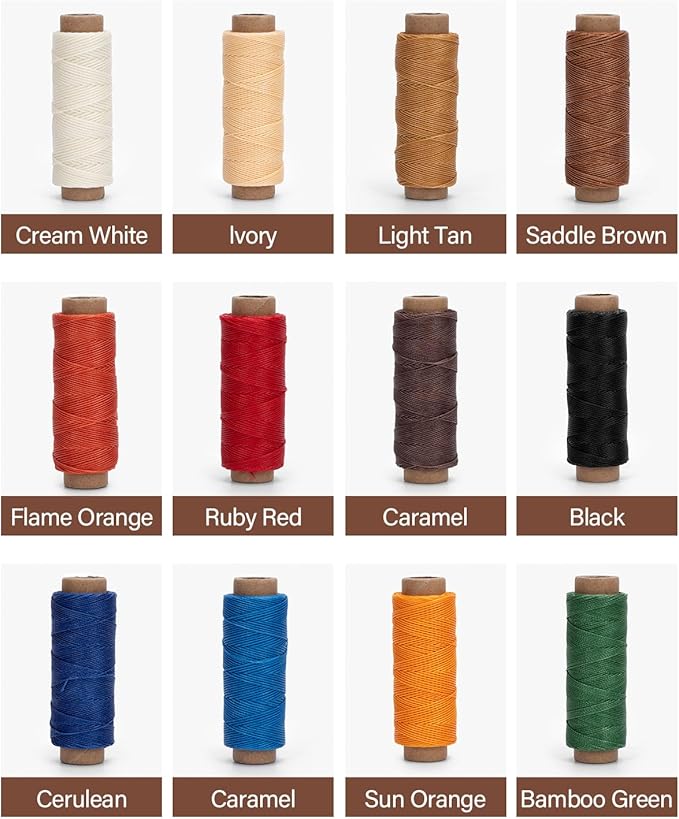 WUTA Leather Waxed Thread Round Polyester Sewing Threads Leather Craft Hand Stitching Line DIY Bracelet Thread Repair Work Cord with 12 Pcs Needles and Storage Bag (0.65mm)