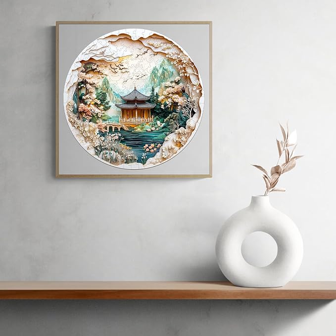 KAAYEE Wooden Puzzles for Adults, 3D Visual Effect Chinese Landscape Painting Wooden Jigsaw Puzzle Unique Shape Wood Puzzle Adult, 3D Effect Flat Puzzle Birthday Family Games (M-11.4*11.4 in-200pcs)