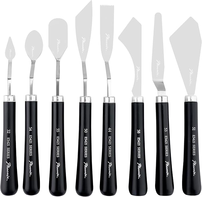PHOENIX High Flexible Palette Knife Set, 8 Pieces Stainless Steel Painting Knives (32,54,55,50,44,56,53,51) Art Knife with Wood Handle, Paint Spatula for Oil Acrylic Paint