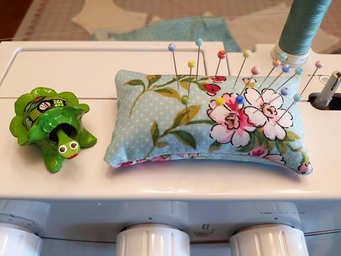 Emery Pin Cushion for Sewing - Pincushion Filled with Abrasive Emery Sand - Handmade in USA - Cute Flowers on White Polka dot Aqua Blue Pastel Color Background (2"x3", Aqua Blue Retro Floral)