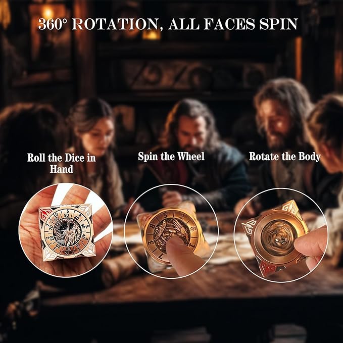 6 Sided Spinner DND Dice - Metal D4 D6 D8 D10 D10% D12 D20 All in One D&D Set - Cool Role Playing Gifts for Dungeons and Dragons TRPG MTG Games Lover Players Red Copper