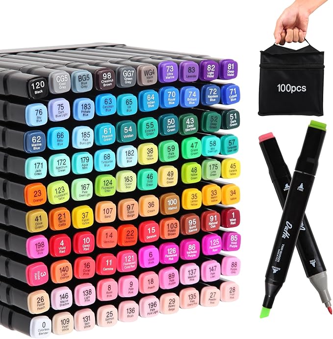 100 Colors Alcohol Markers Set, Dual Tips Blender Art Markers for Drawing Sketching Coloring Artist Pens and Underlining, Professional Permanent Sketch Marker for Kids Adult Coloring