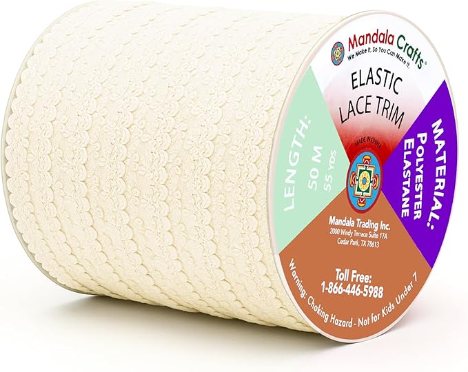 Mandala Crafts Ivory Stretch Lace Soft Elastic Trim Roll - 55 Yards 1 Inch Wide Stretchy Frilly Picot Ribbon for Sewing Lingerie, Headbands, Underwear, and Crafts