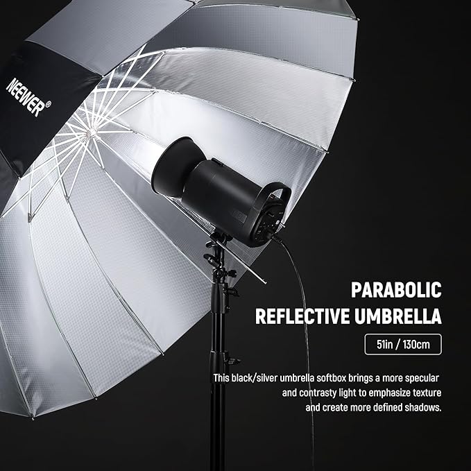 NEEWER 51"/130cm Parabolic Reflective Umbrella Photography with Silver Inner, Soft Lighting with Diffuser Cover, Bag, Quick Fold for Camera Photo Studio Video Light Shooting Monolight Flash, NS2U