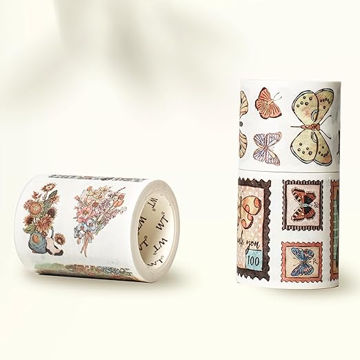 WT Stamped Wings Washi Tape Sticker Set – 3 Rolls Decorative Butterfly & Wing Washi Sticker Tape, Wide Vintage Adhesive Tape for Journaling, Scrapbooking, Planner, DIY Crafts & Wrapping