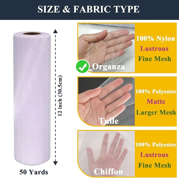 White Tulle Organza Fabric Rolls, Crystal Organza 12" by 50 Yards (150 ft) Sheer Nylon Silky Shiny Netting Spool Bolt for DIY Craft Table Runner Wedding Baby Shower Party Decor (White)
