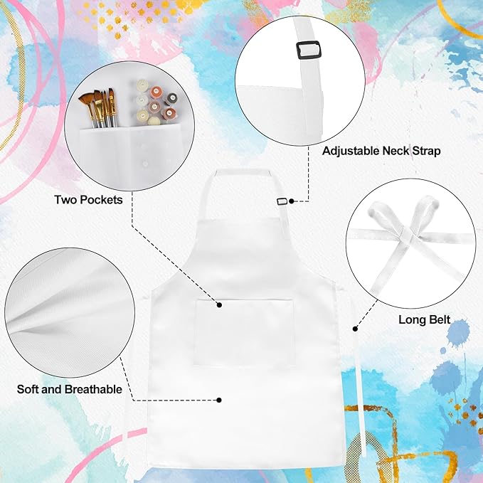 PLULON 18 Pcs Kids Apron Bulk Adjustable White Chef Apron with 2 Pockets Painting Aprons for Kids Cooking Baking Crafts (White)