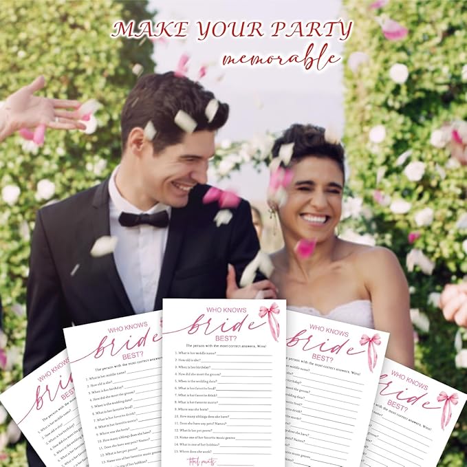 Wedding Shower Games Cards, Who Knows The Bride Best, Bridal Shower Games 25 Guests, Engagement Party Wedding Games for Guests, Pink Ribbon Bow Wedding Party Supplies - E03