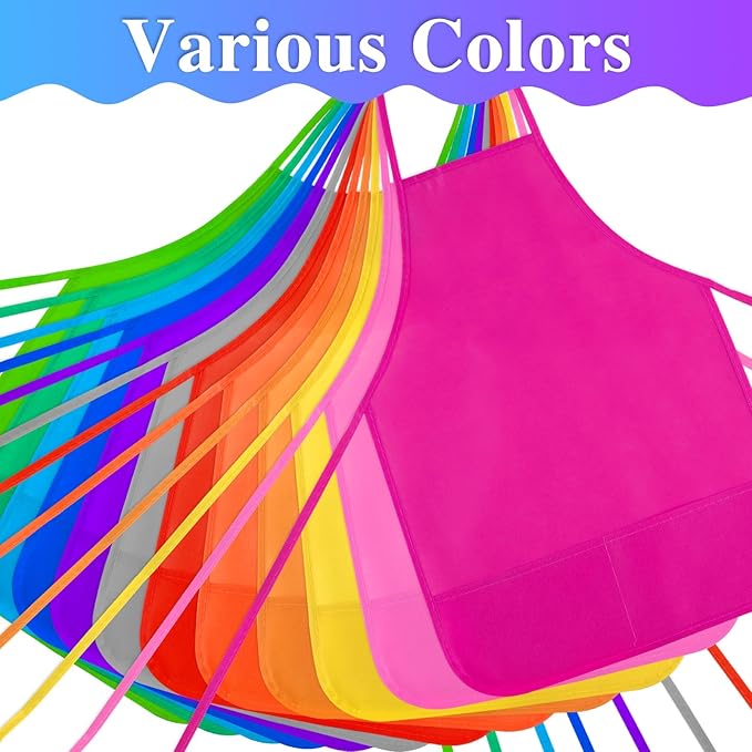 Kids Painting Aprons 24 Pieces 12 Colors Kid Art Apron with 2 Roomy Pockets Kids Aprons for Art Painting Activity Kitchen Crafts